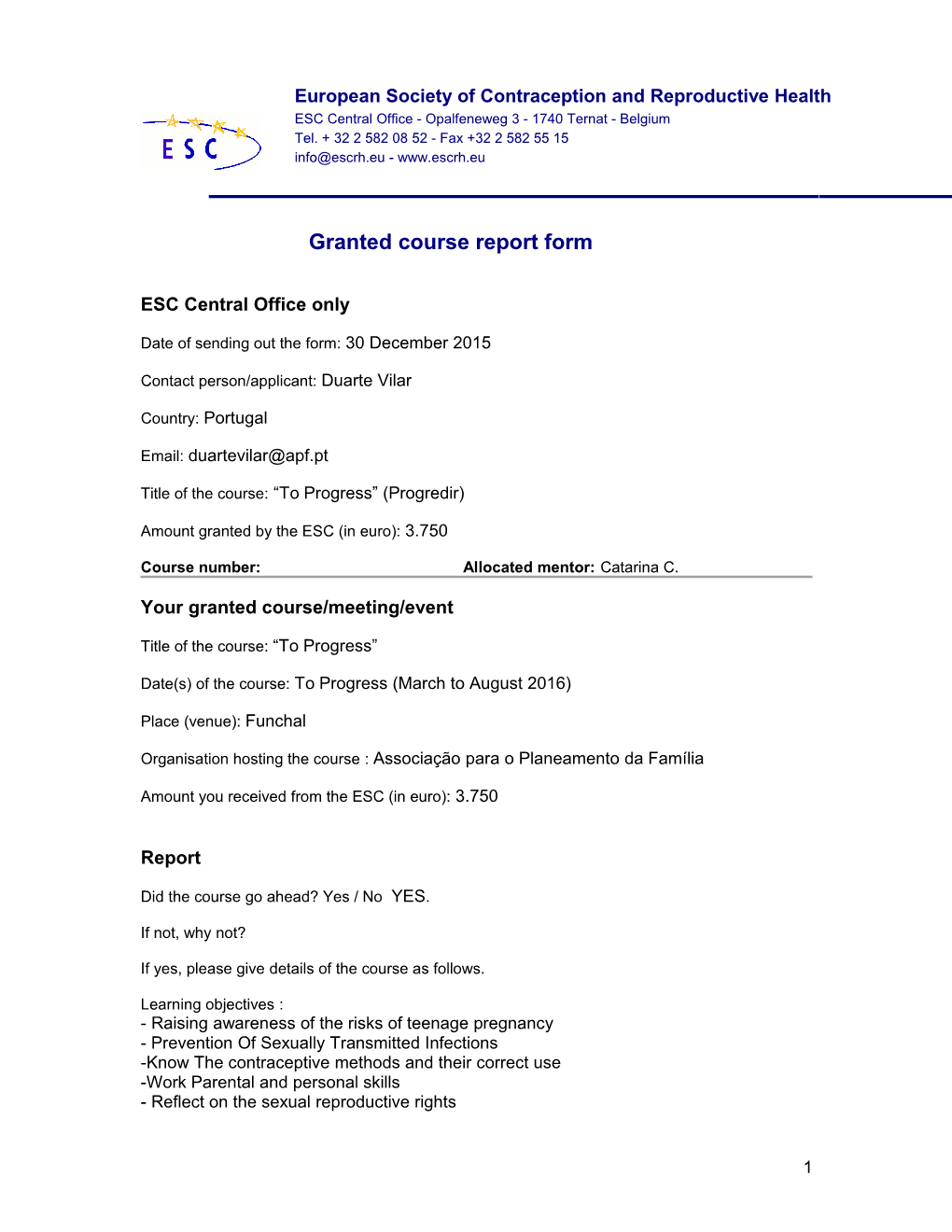 Granted Course Report Form