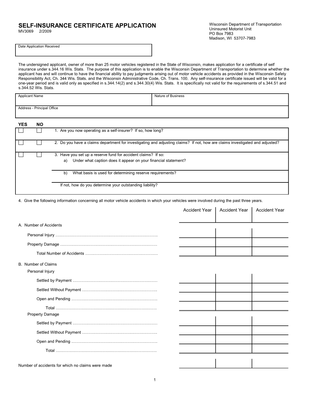 MV3069 Self-Insurance Certificate Application