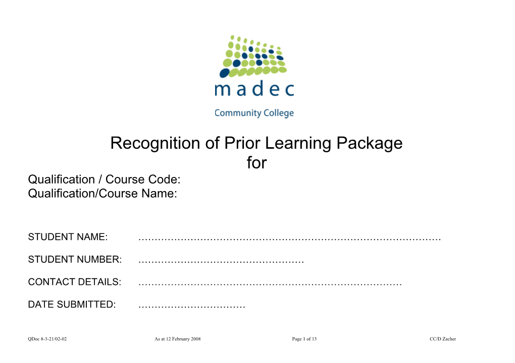 Recognition of Prior Learning Package