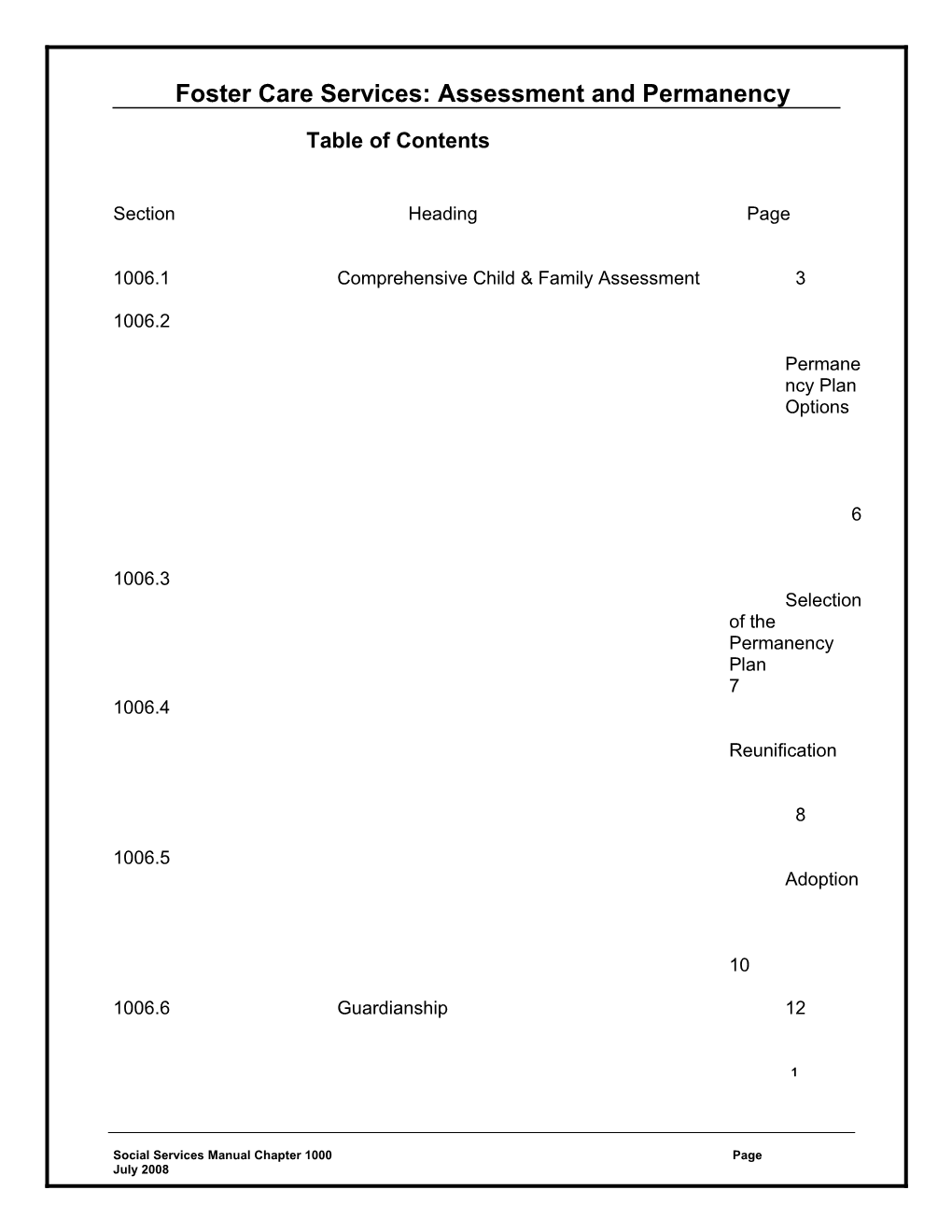 Foster Care Services: Assessment and Permanency