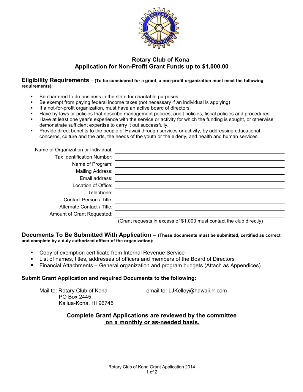 Application for Non-Profit Grant Funds