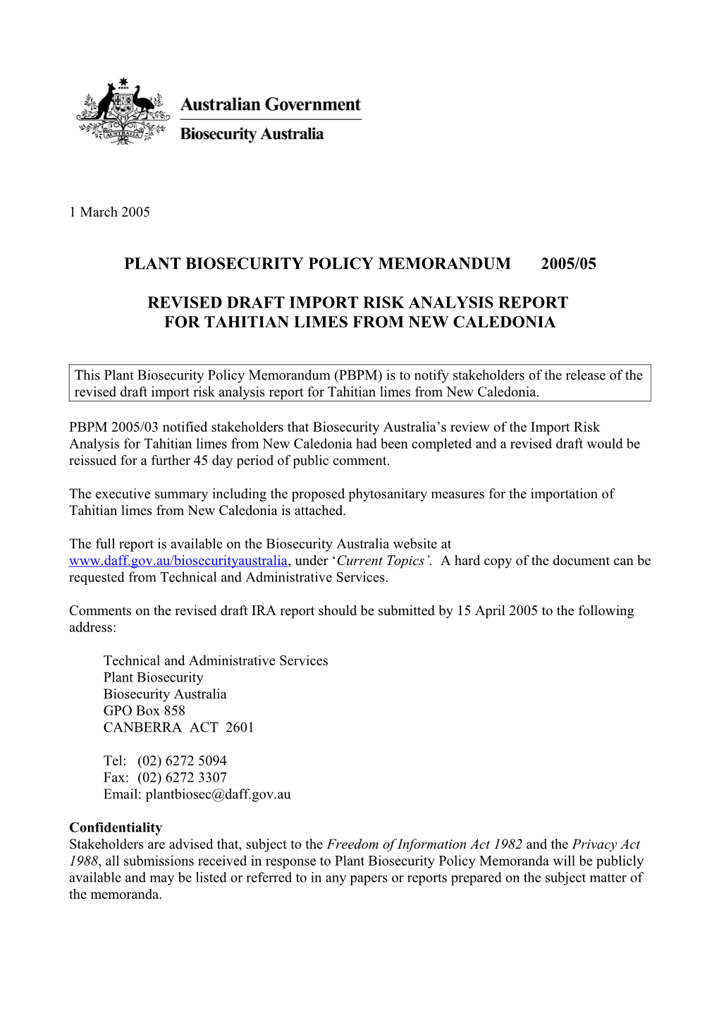 Plant Biosecurity Policy Memorandum 2005/05