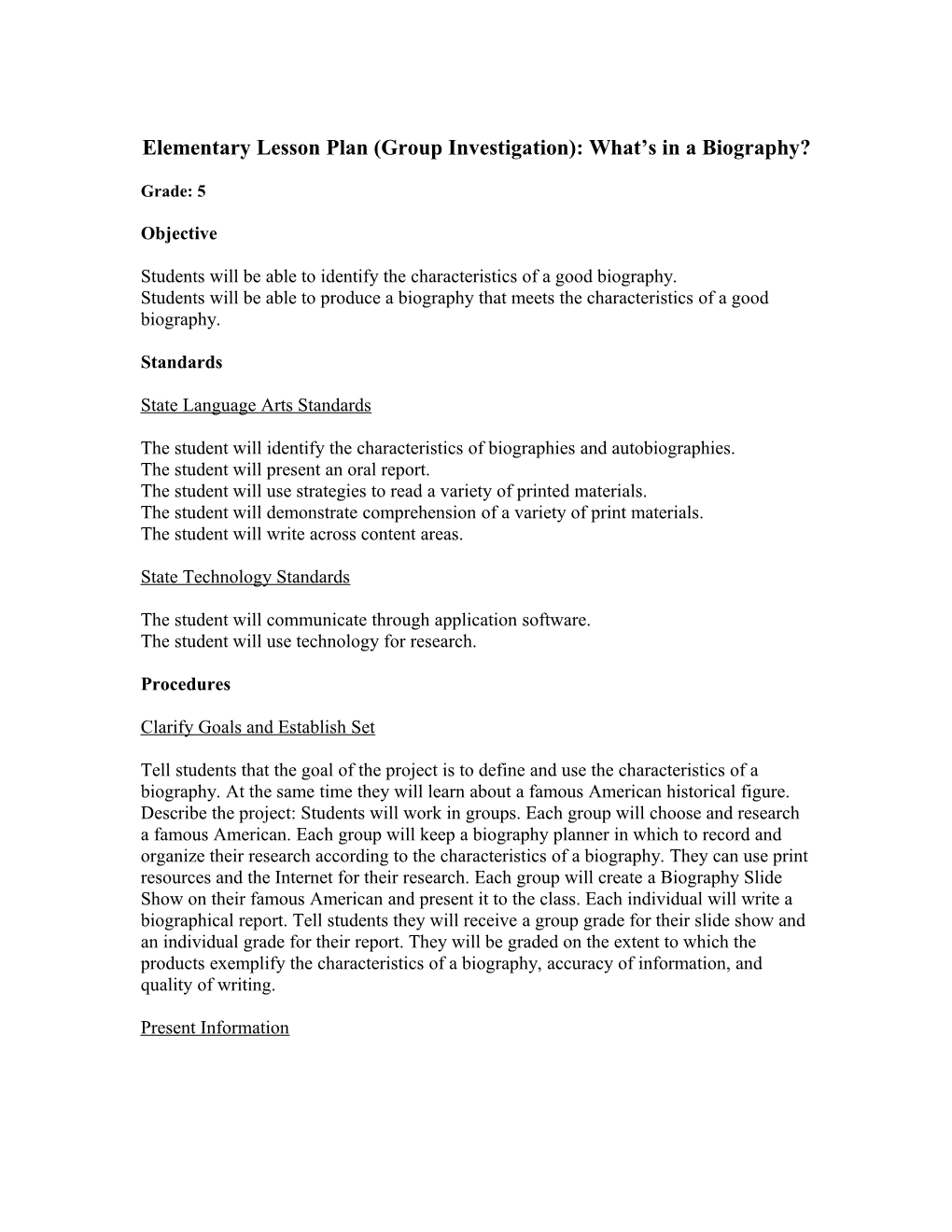 Lesson Plan: Cooperative Learning Group Investigation