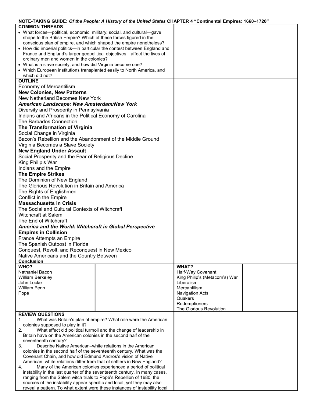 NOTE-TAKING GUIDE: of the People: a History of the United States CHAPTER 4 Continental