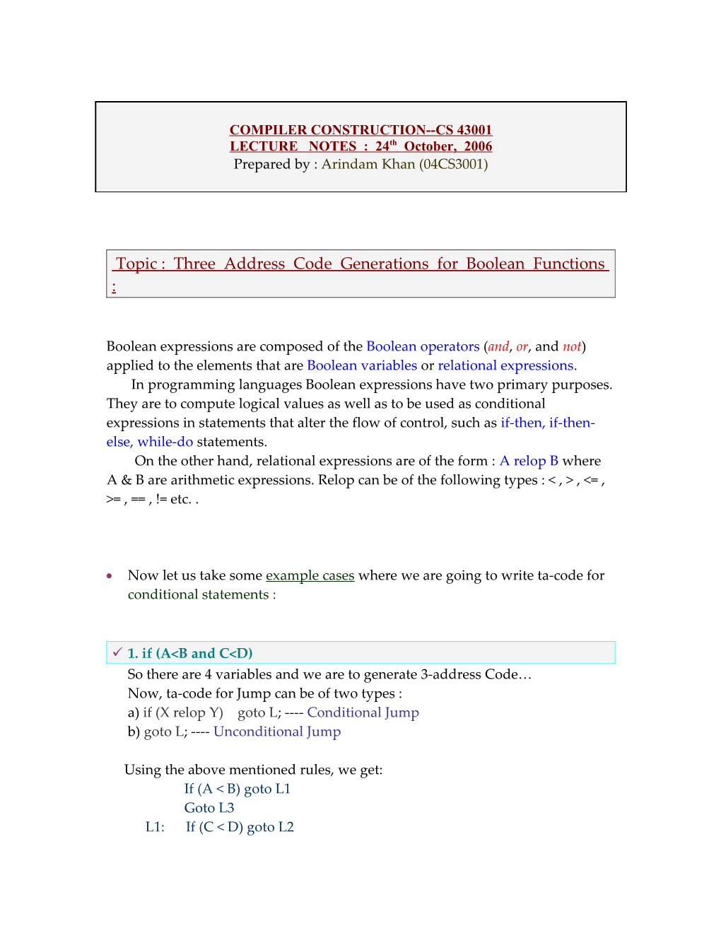 Topic : Three Address Code Generations for Boolean Functions