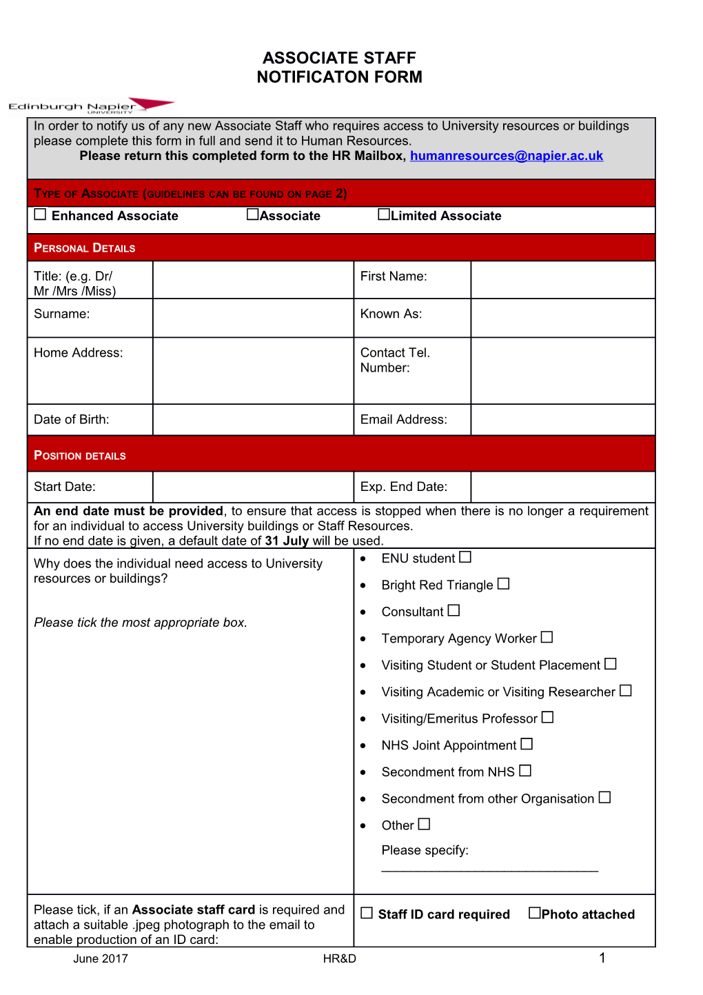 Associate Staff Notification Form