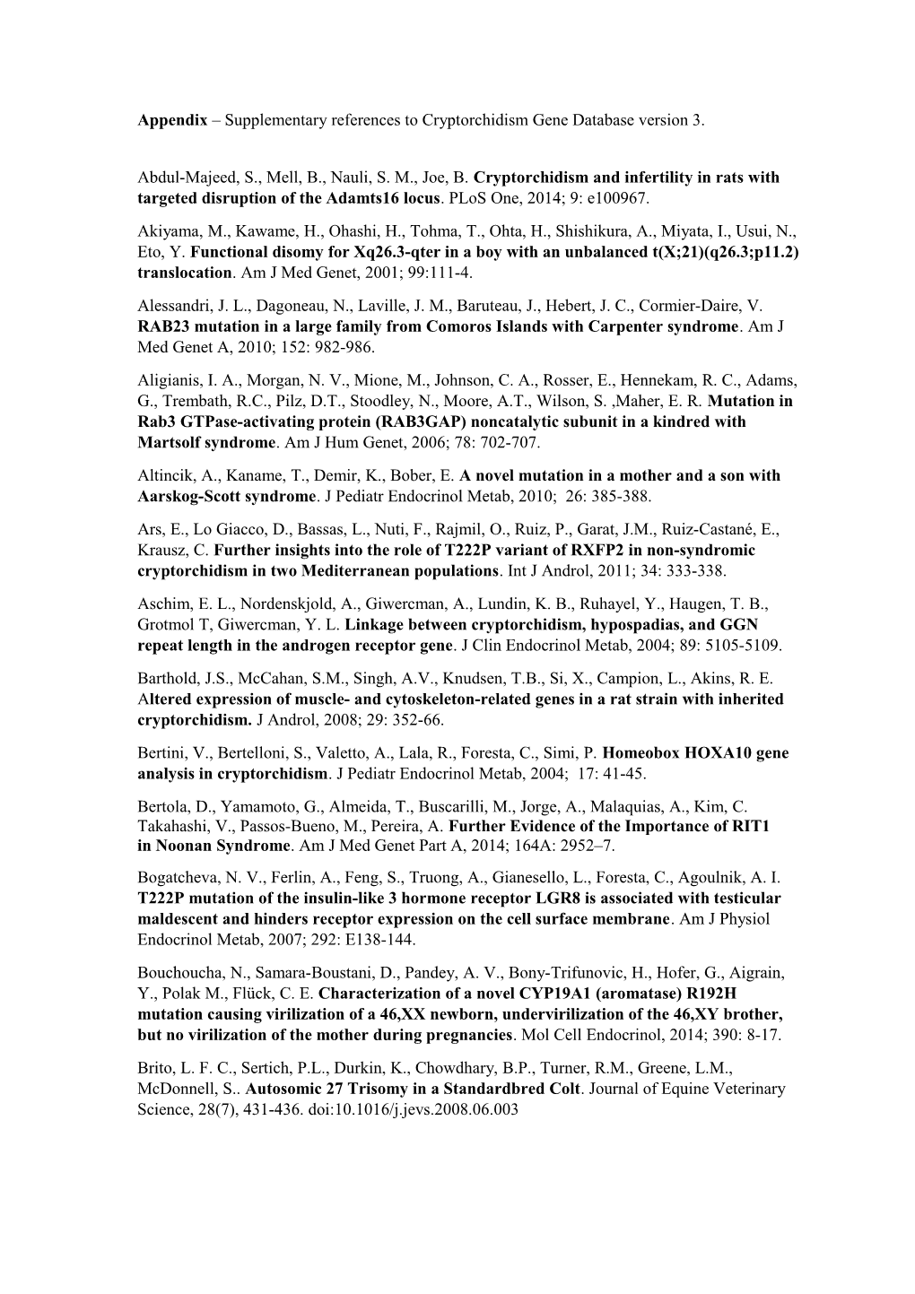 Appendix Supplementary References to Cryptorchidism Gene Database Version 3