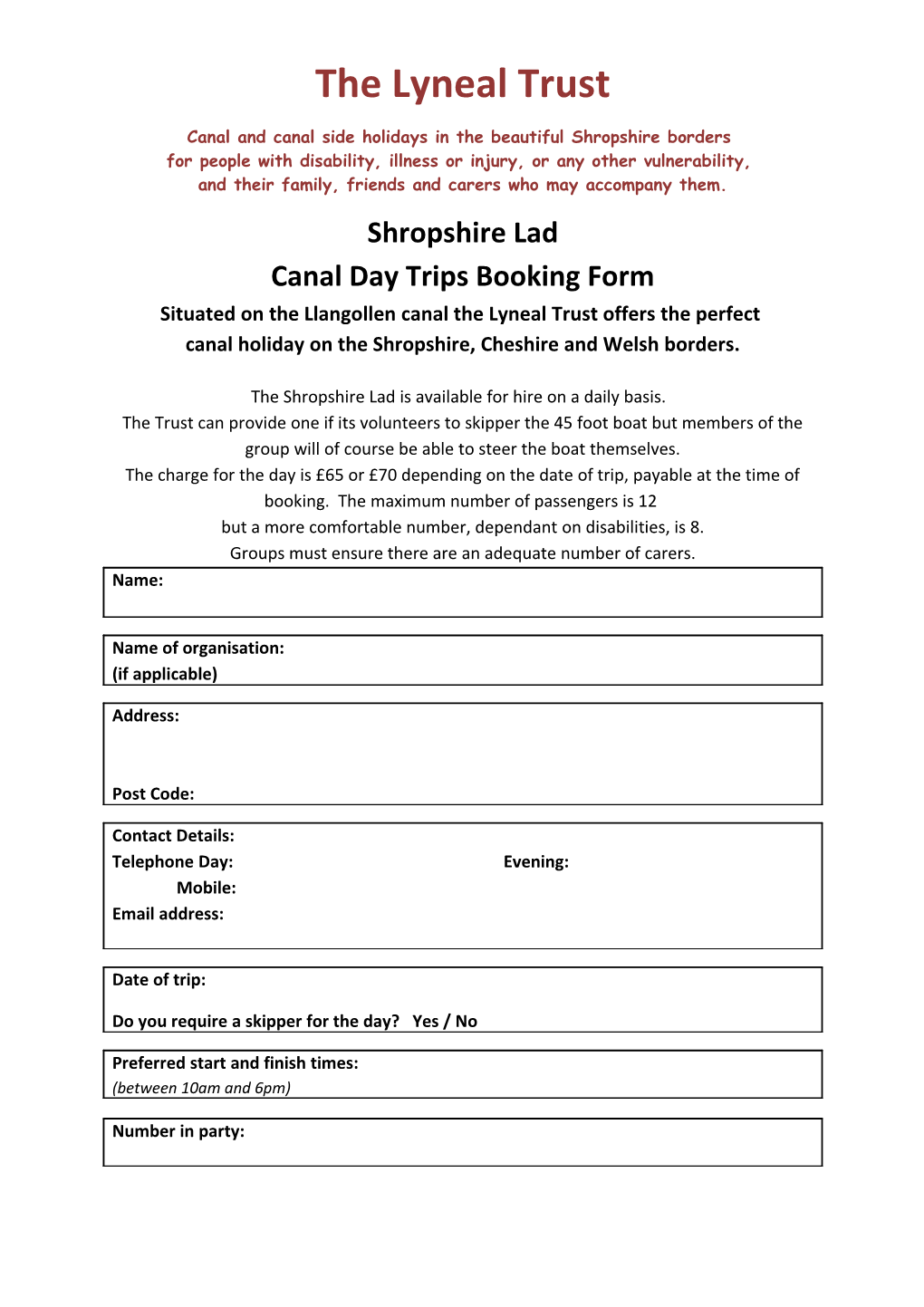Canal Day Tripsbooking Form