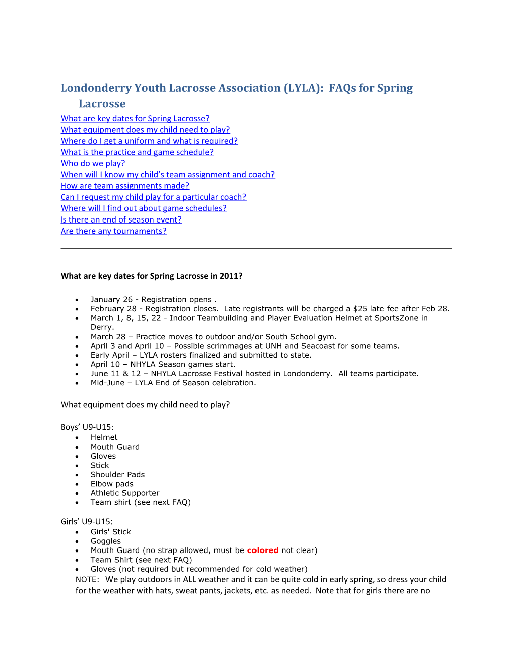 Londonderry Youth Lacrosse Association (LYLA): Faqs for Spring Lacrosse