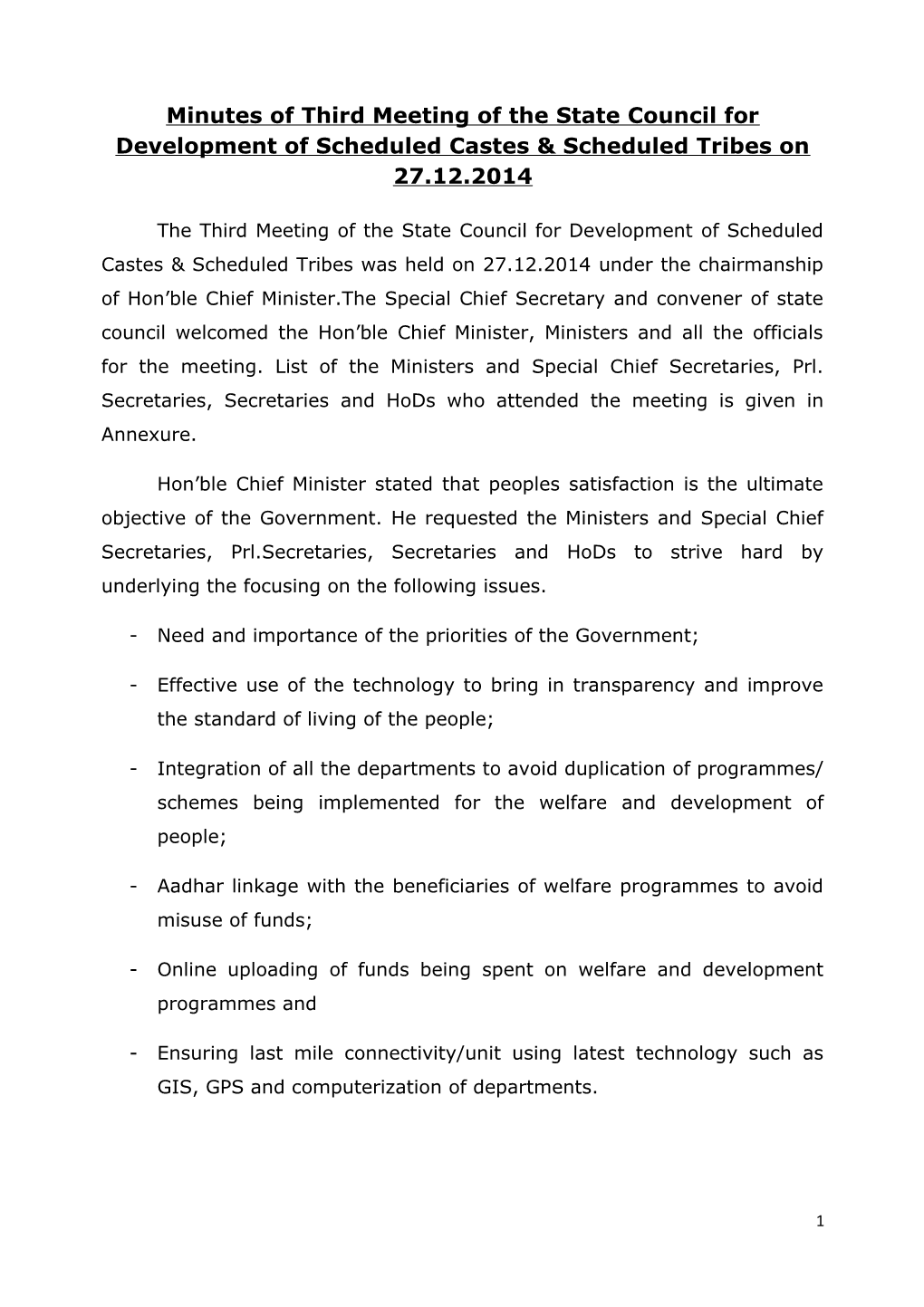 Minutes of Third Meeting of the State Council for Development of Scheduled Castes & Scheduled