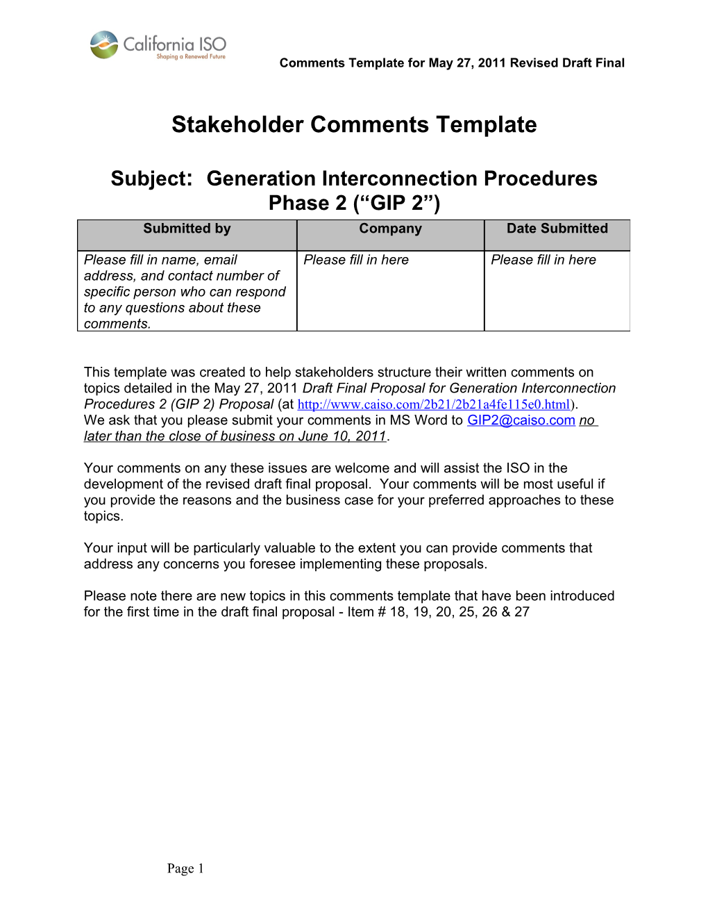 Stakeholder Comments Template - Generation Interconnection Procedures Phase 2 Revised Draft