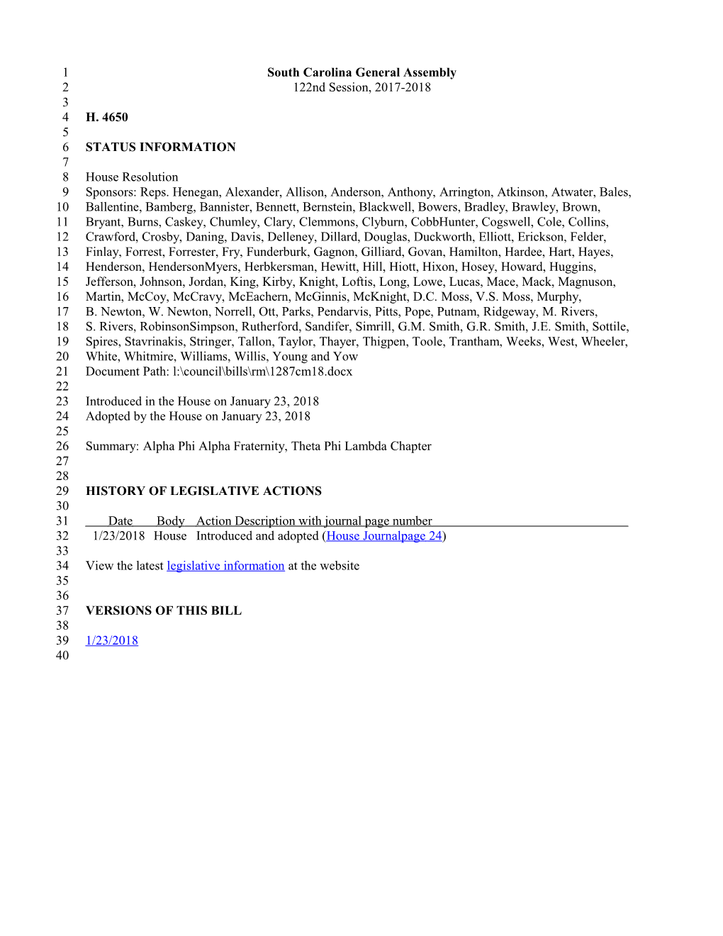 2017-2018 Bill 4650: Alpha Phi Alpha Fraternity, Theta Phi Lambda Chapter - South Carolina