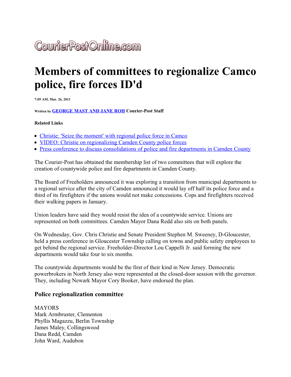 Members of Committees to Regionalize Camco Police, Fire Forces ID'd