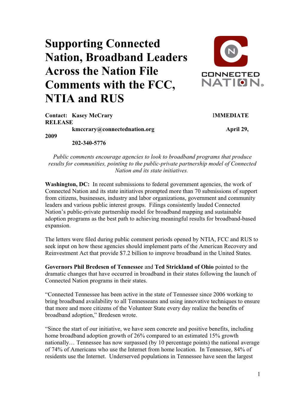 Dozens of Letters in Support of Connected Nation S Work Submitted to NTIA