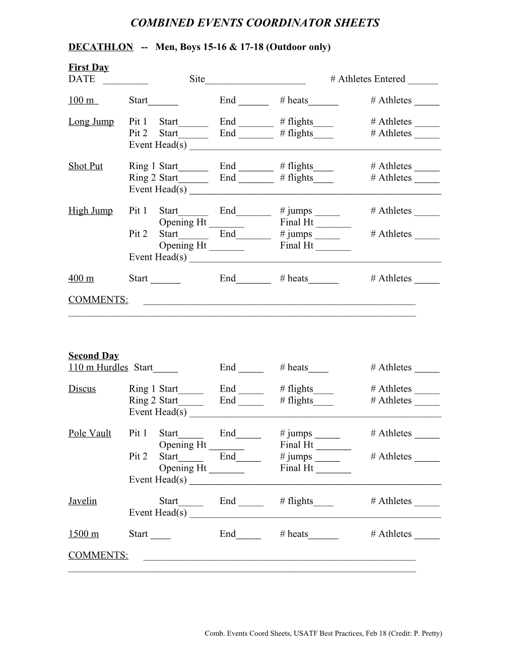 Combined Events Coordinator Sheets