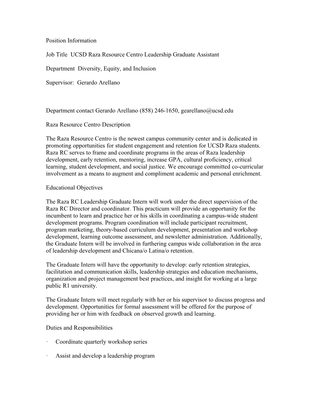 Job Title UCSD Raza Resource Centro Leadership Graduate Assistant