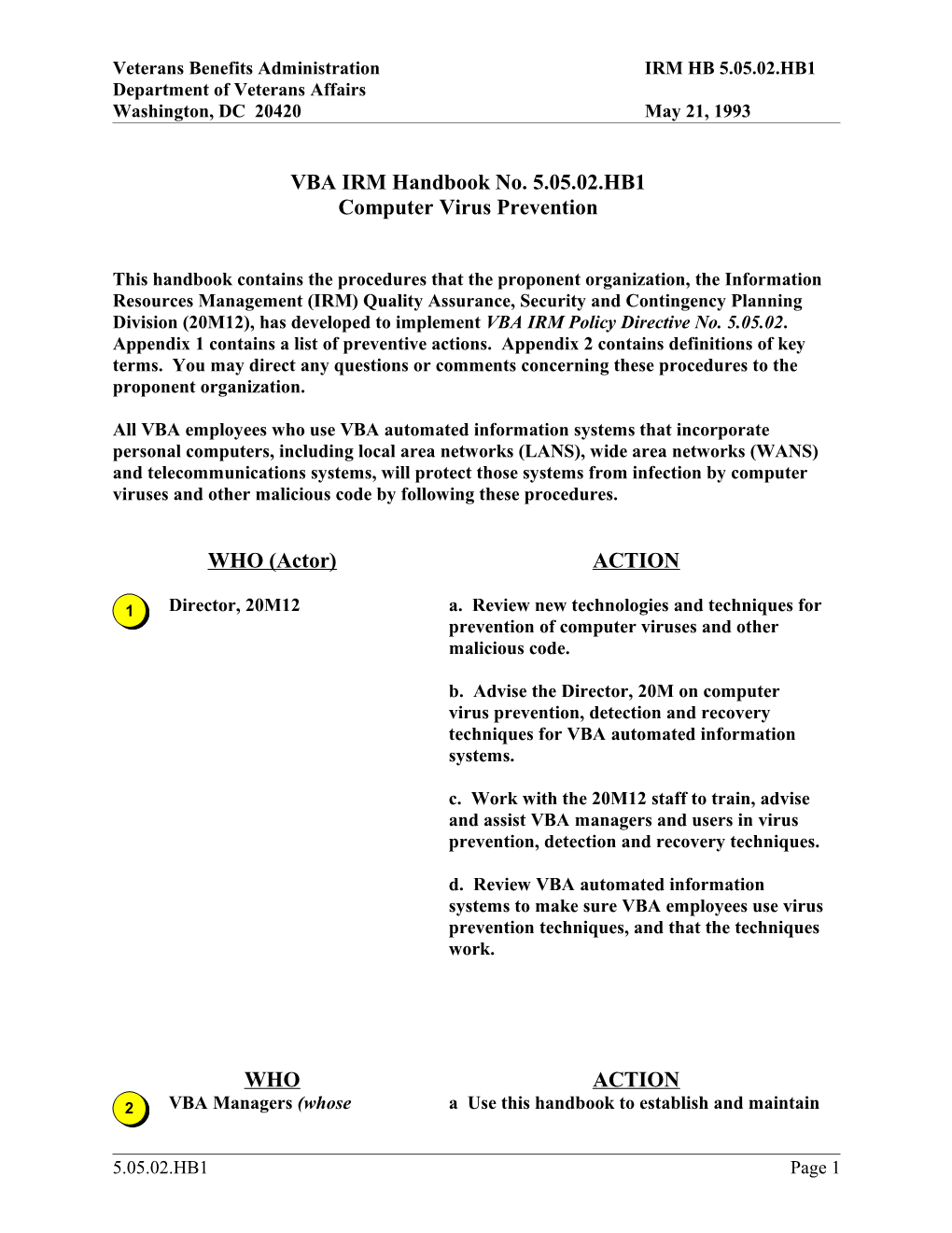 VBA IRM Handbook No. 5.05.02.HB1