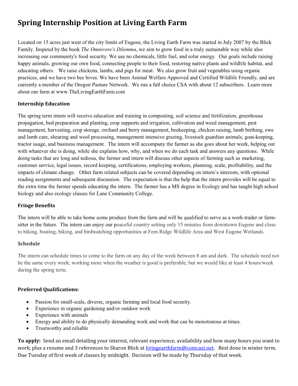 Springinternship Position at Living Earth Farm