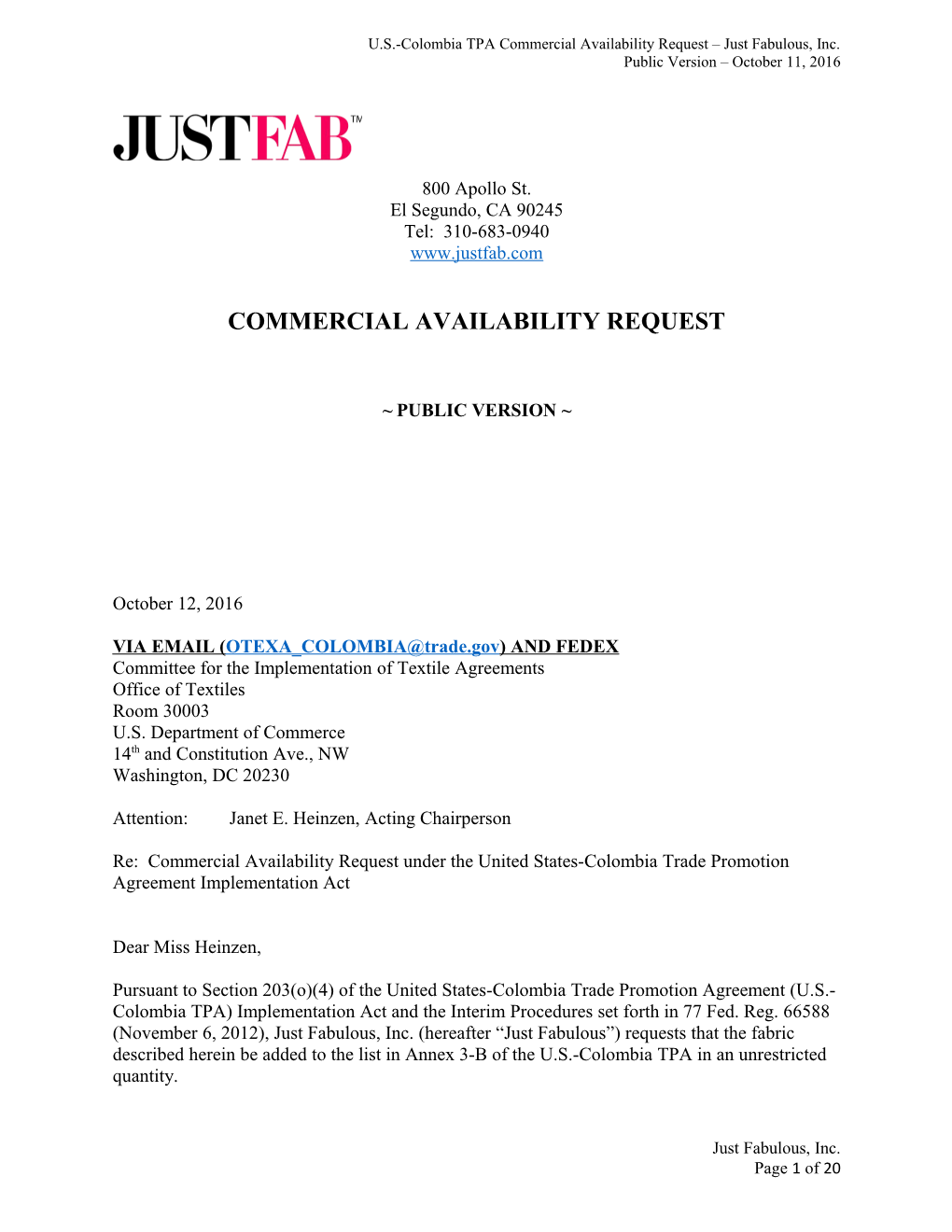U.S.-Colombia TPA Commercial Availability Request Just Fabulous, Inc