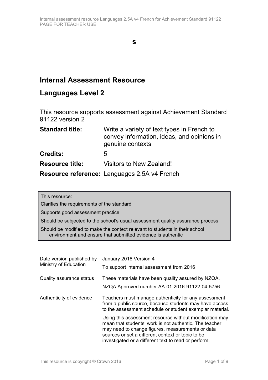 Level 2 Languages French Internal Assessment Resource