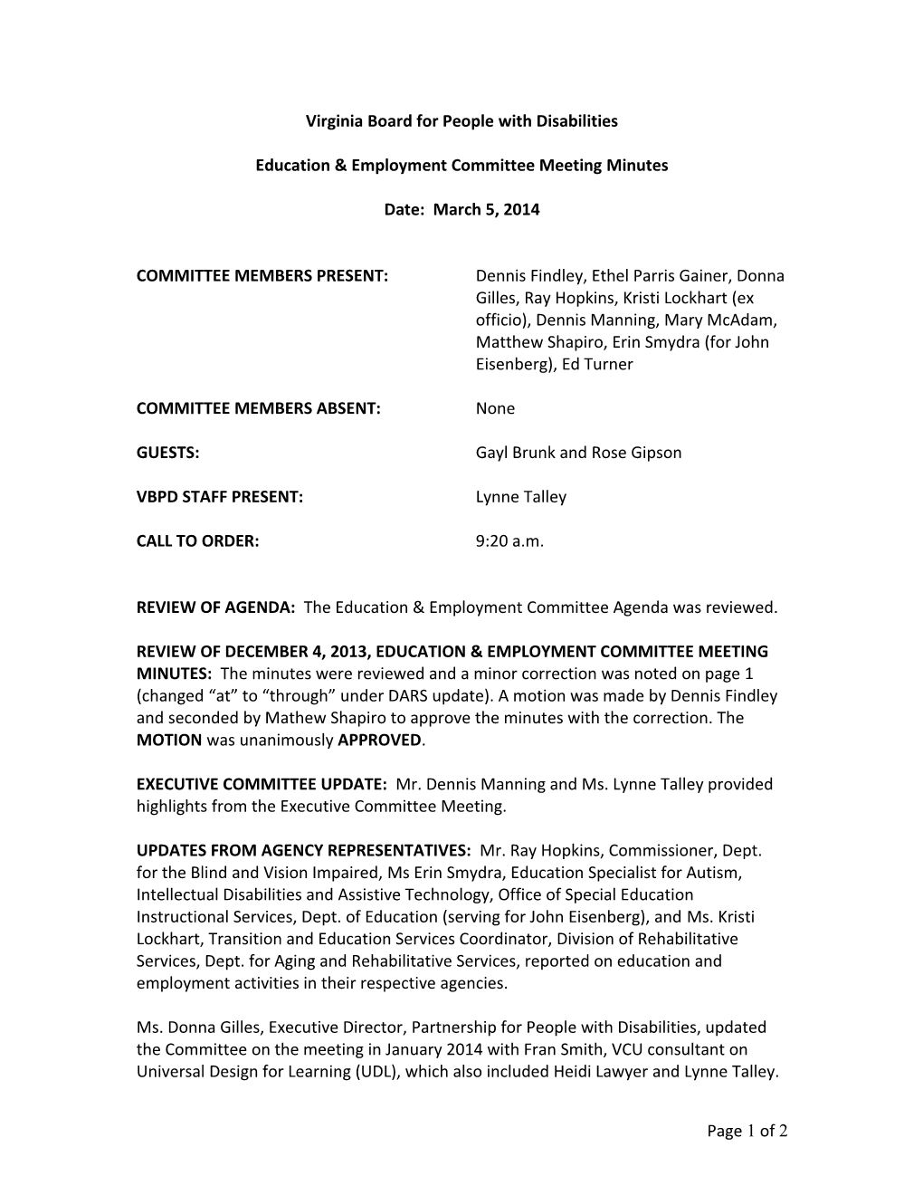 Minutes from 9/21 Employment Committee Meeting