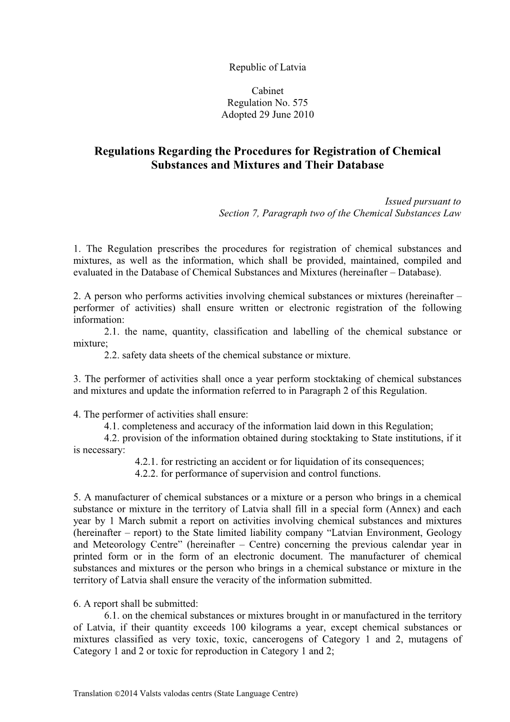 Regulations Regarding the Procedures for Registration of Chemical Substances and Mixtures
