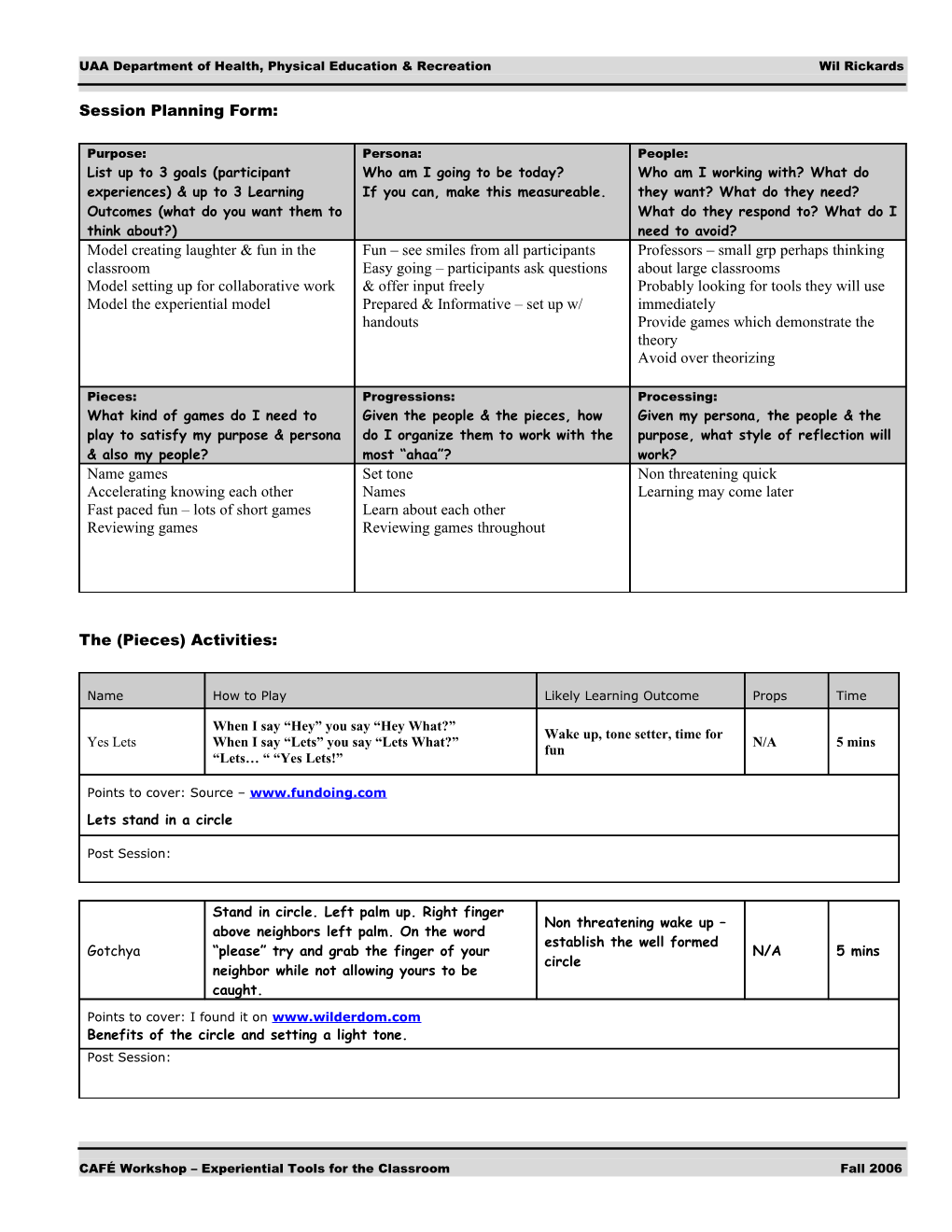 Session Planning Form