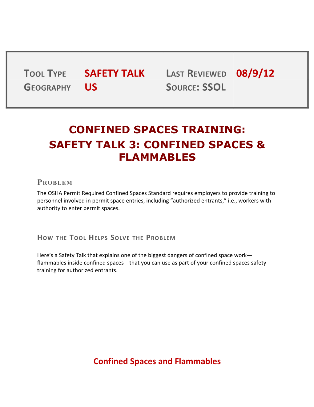 Safety Talk 3: Confined Spaces & Flammables