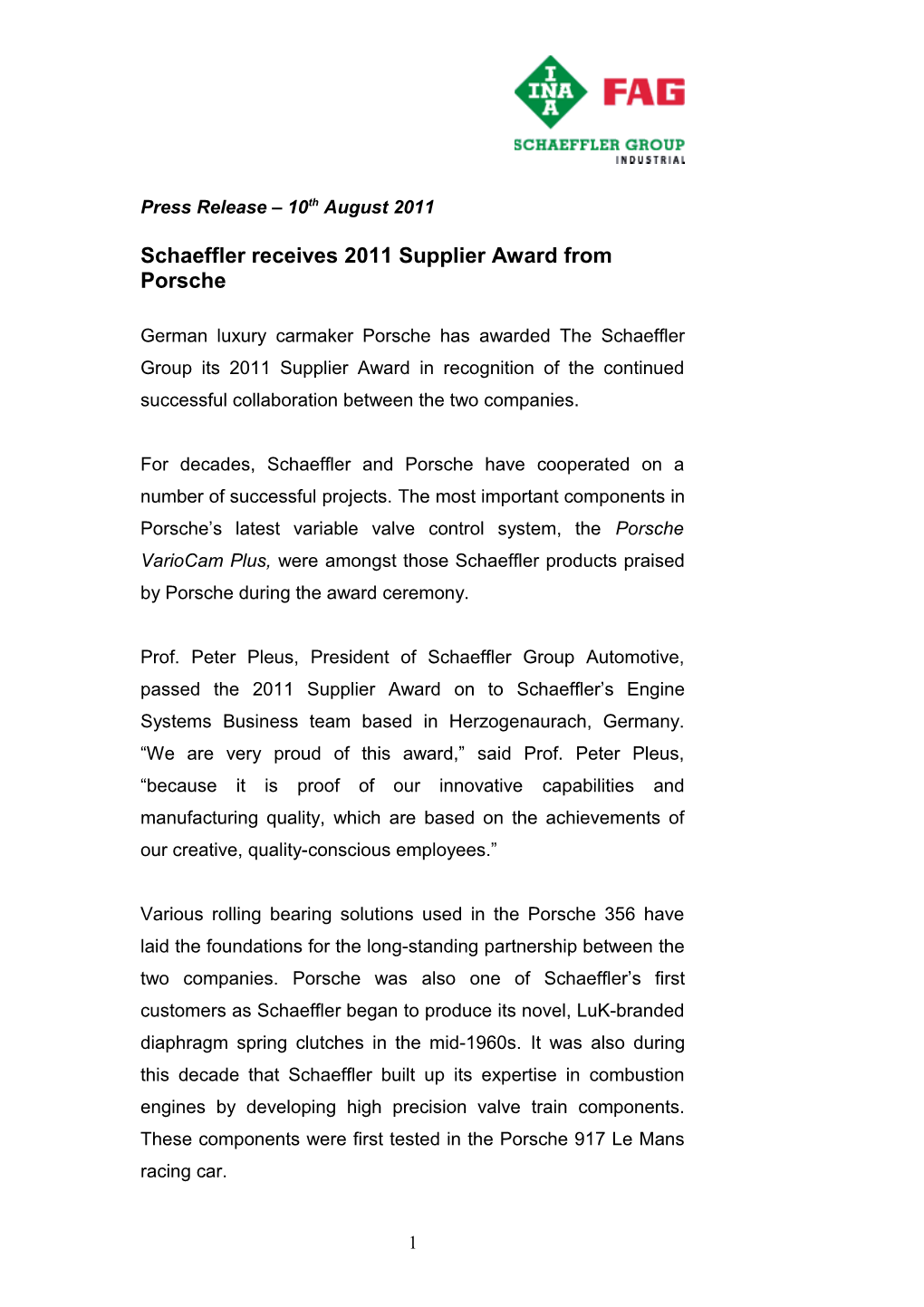 Schaeffler Receives 2011 Supplier Award from Porsche