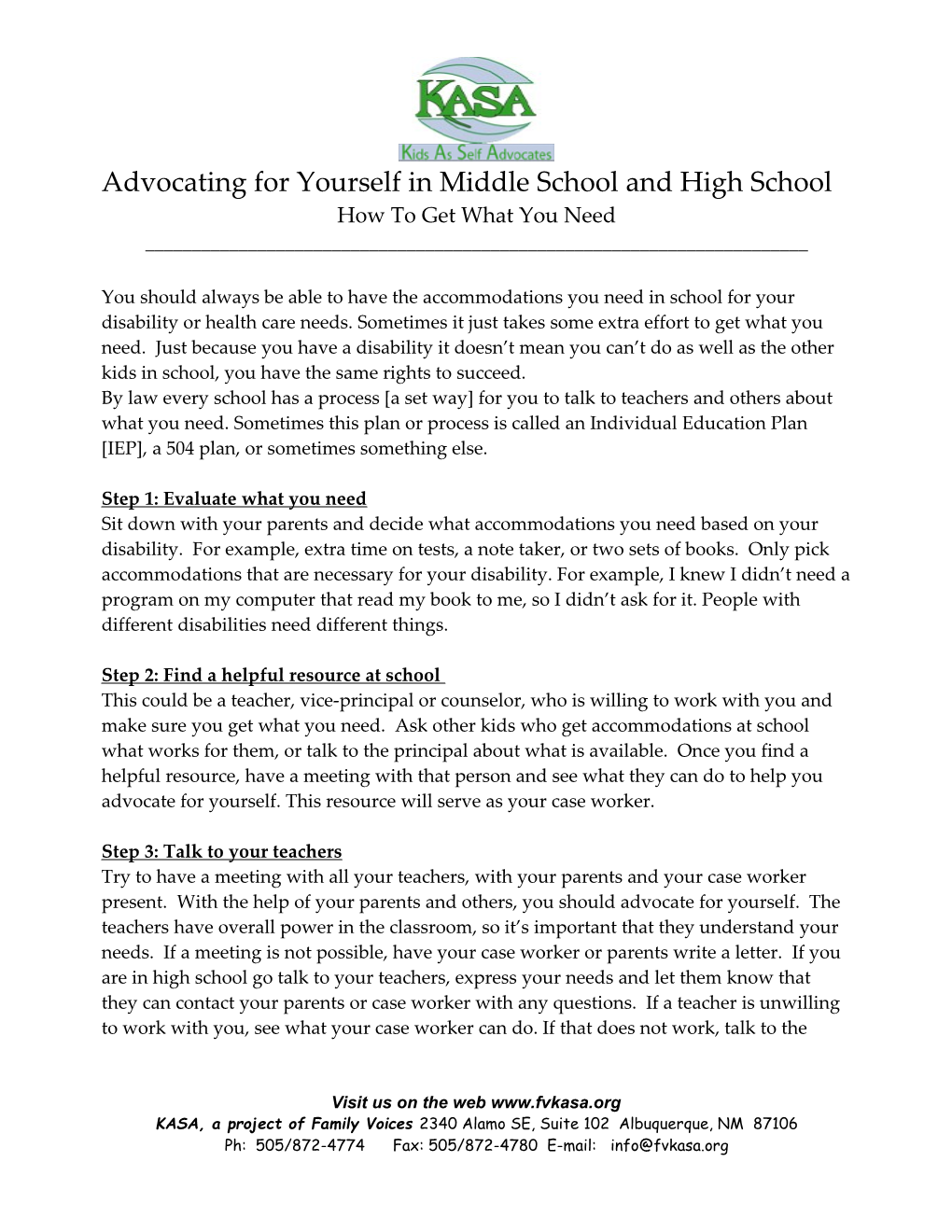 Advocating for Yourself in Middle School and High School ______
