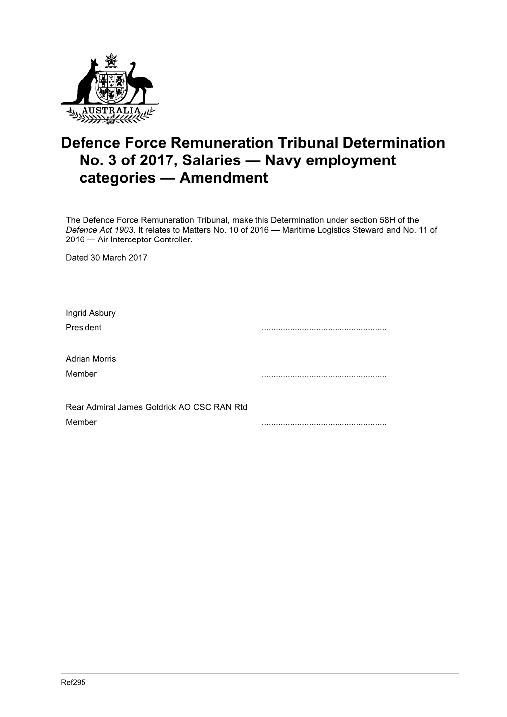 Defence Force Remuneration Tribunal Determination No. 3 of 2017, Salaries Navy Employment