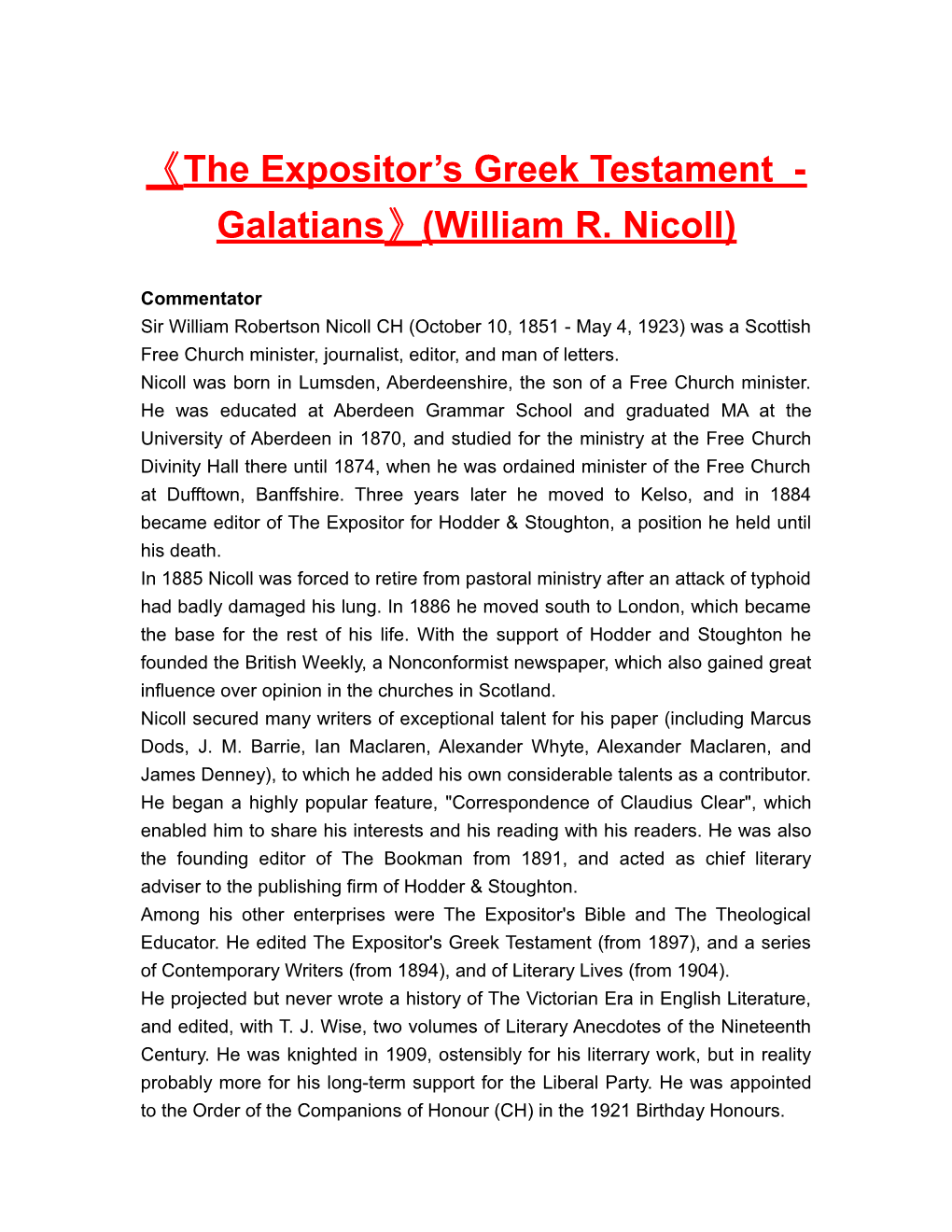 The Expositor Sgreek Testament -Galatians (William R. Nicoll)