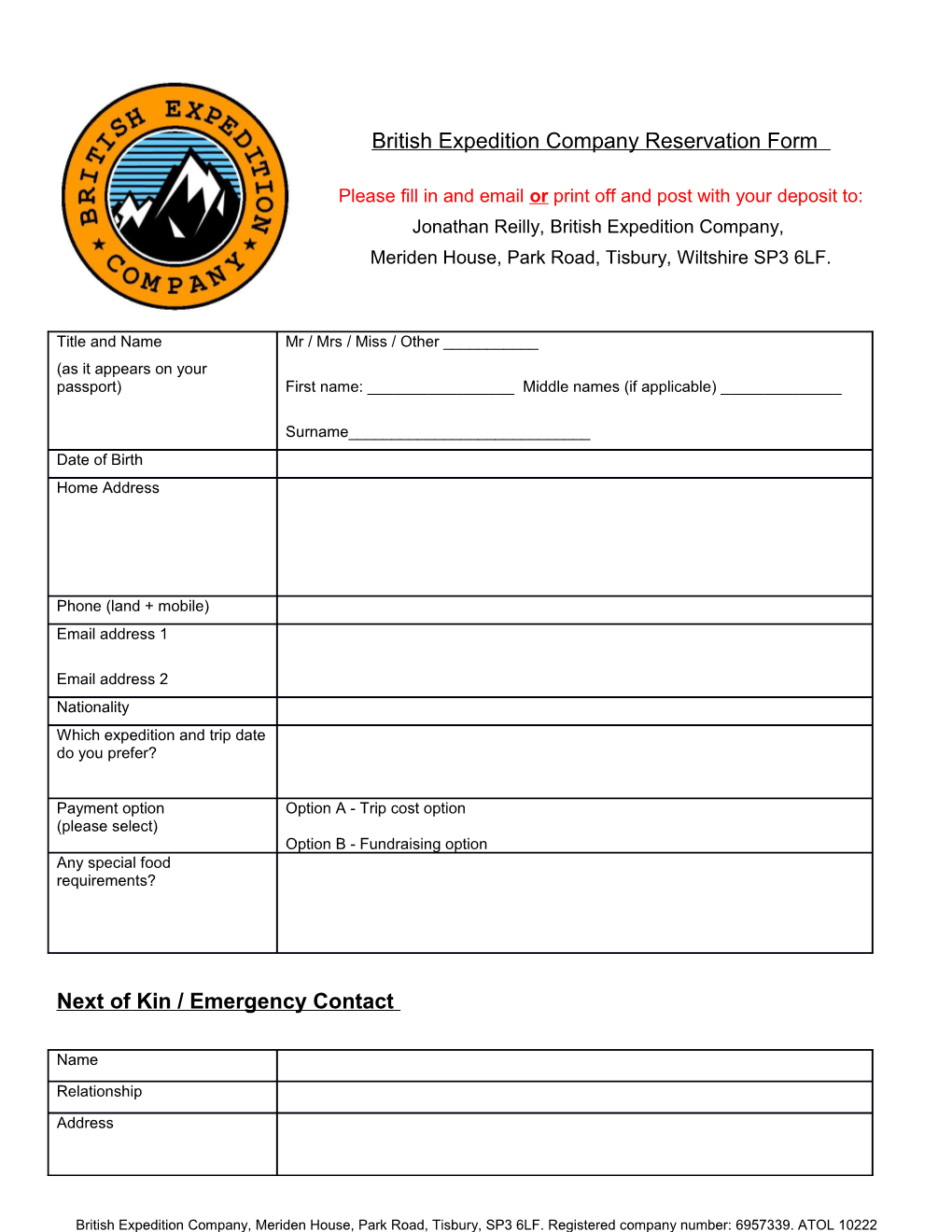 British Expedition Company Reservation Form