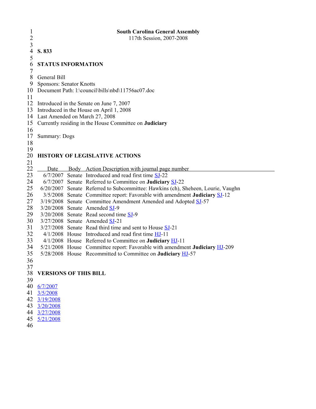 2007-2008 Bill 833: Dogs - South Carolina Legislature Online