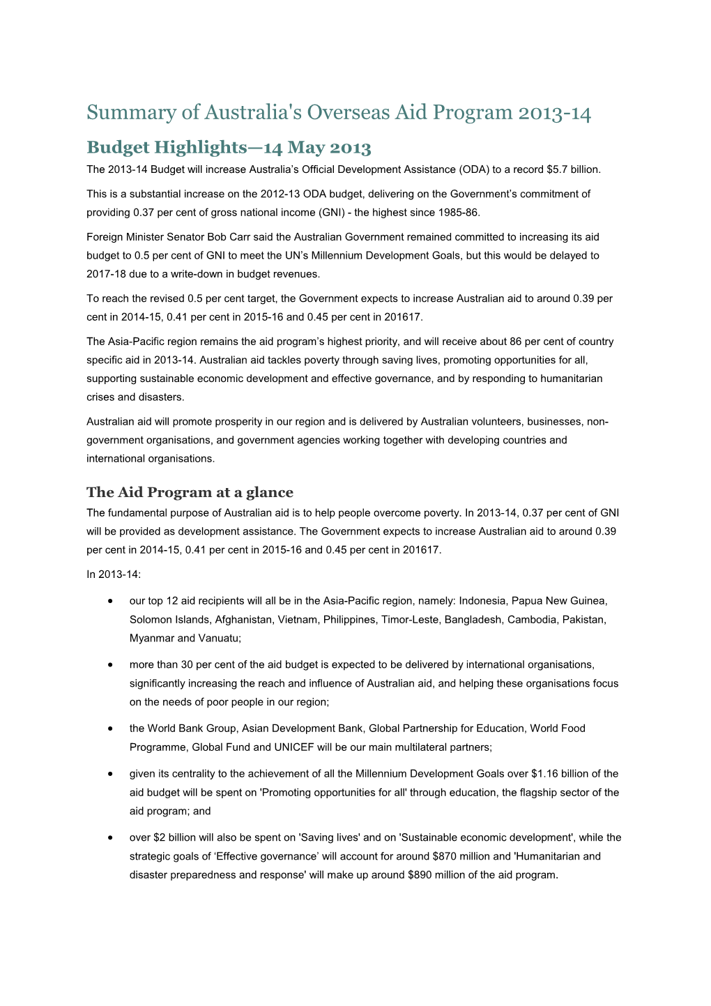 Summary of Australia's Overseas Aid Program 2013-14