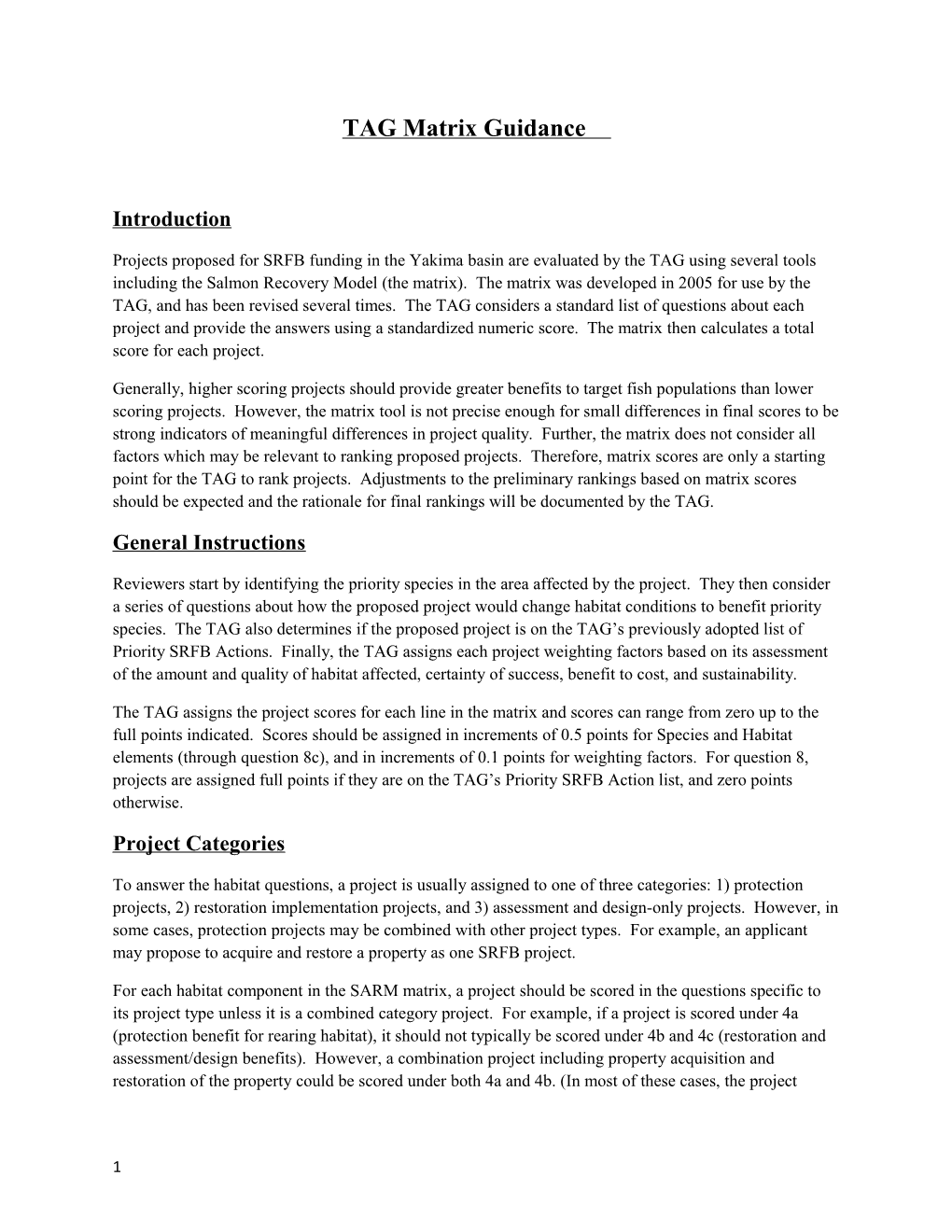 TAG Matrix Guidance