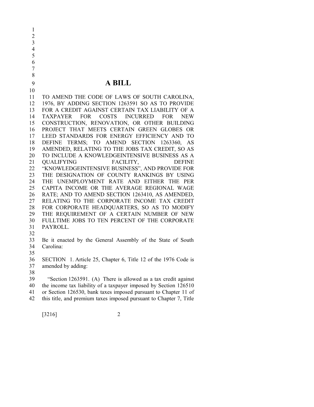 2011-2012 Bill 3216: Income Tax Credits - South Carolina Legislature Online
