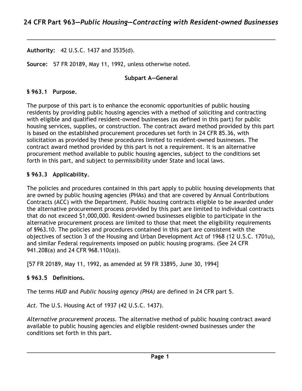 24 Cfrpart 963 Public Housing Contractingwith Resident-Owned Businesses