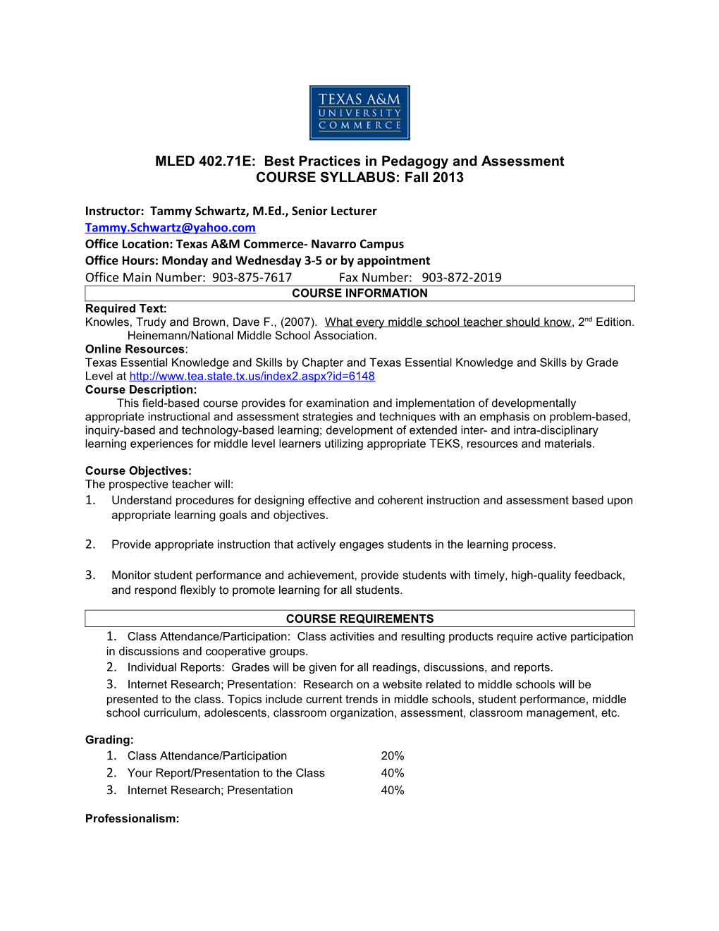 MLED 402.71E: Best Practices in Pedagogy and Assessment