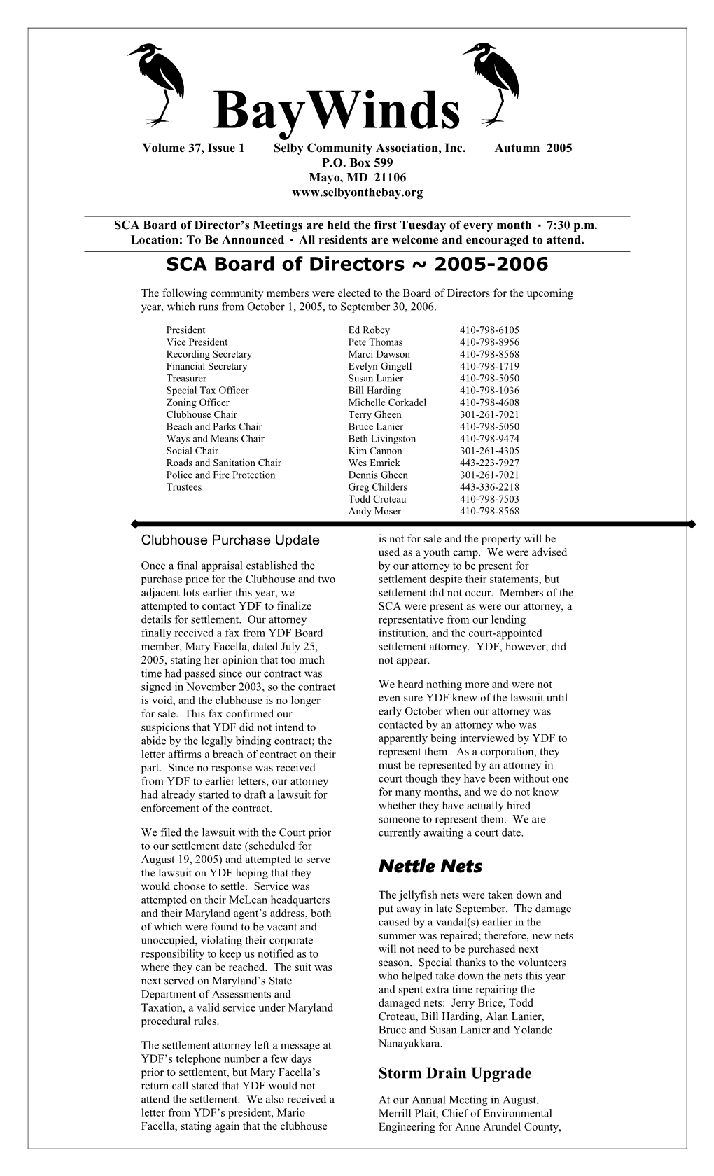 Volume 37, Issue 1 Selby Community Association, Inc. Autumn 2005
