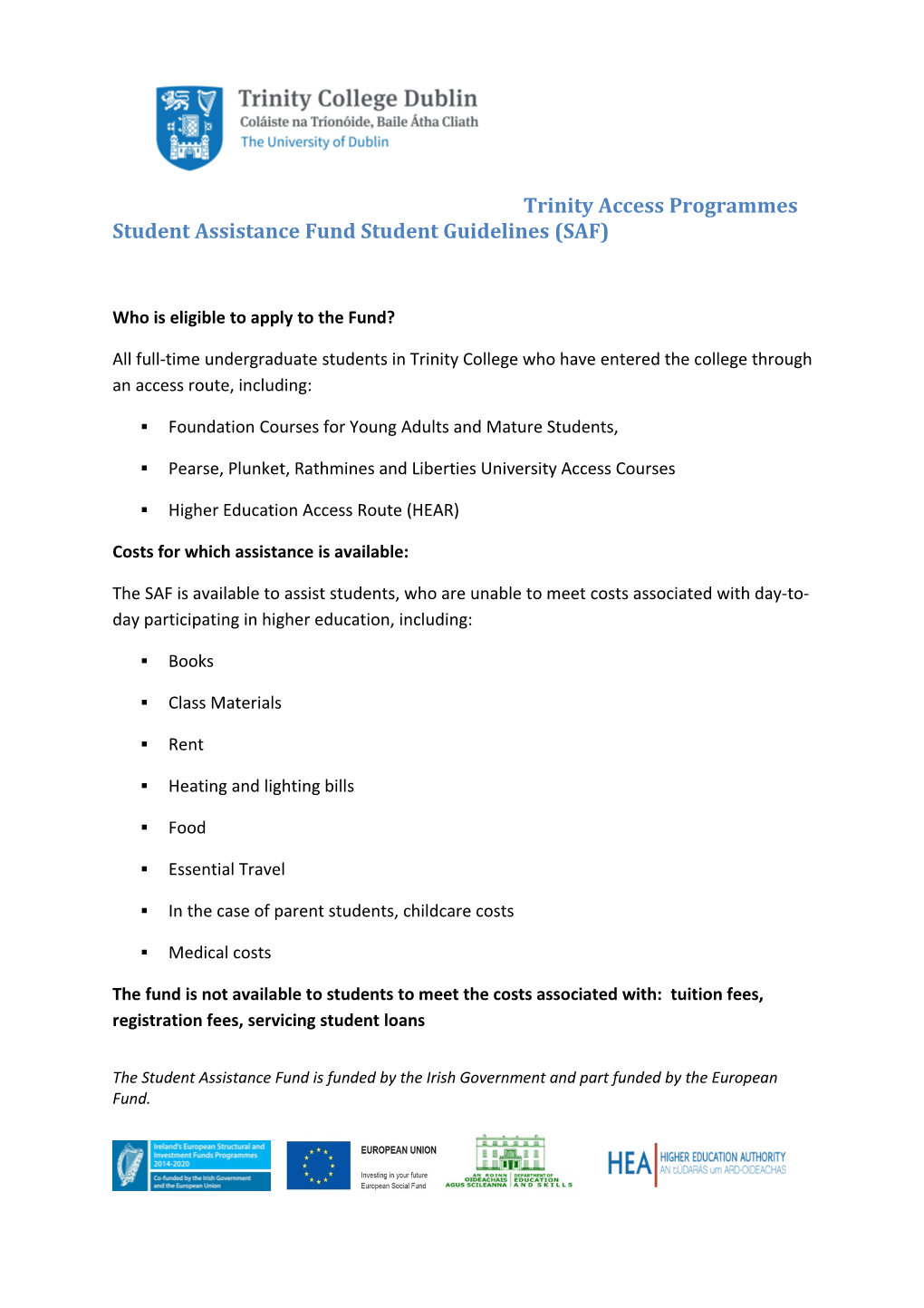 Trinity Access Programmes Student Assistance Fund Student Guidelines (SAF)