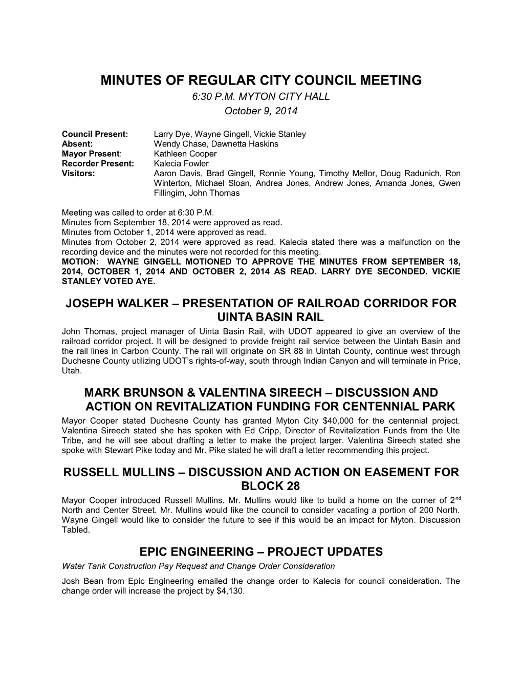 Minutes of Regular City Council Meeting