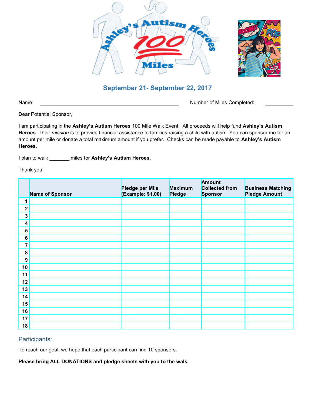 I Plan to Walk ______Miles for Ashley S Autism Heroes