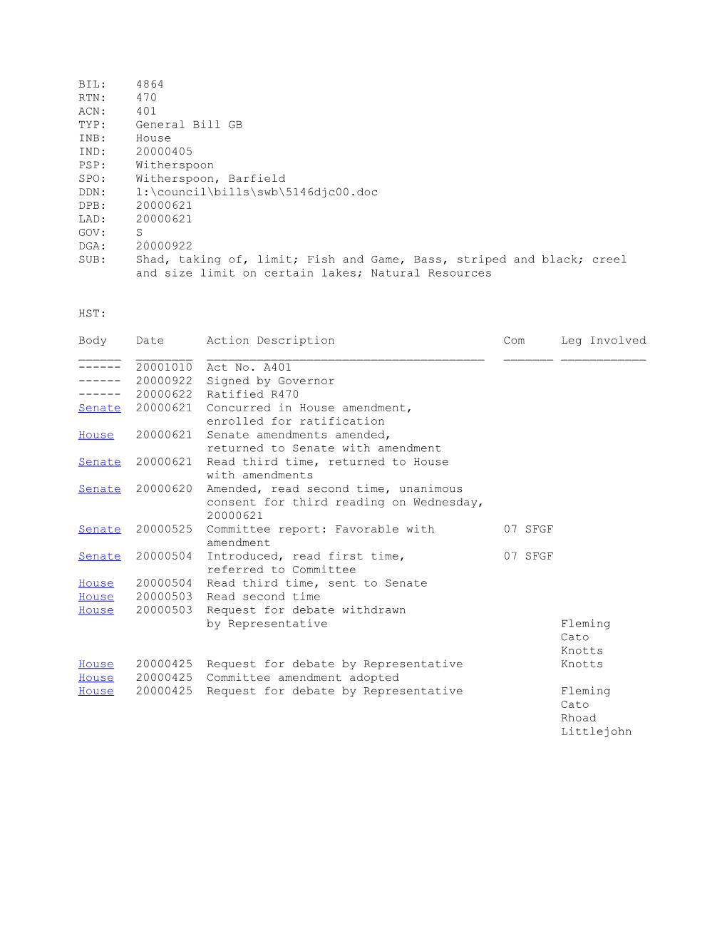 1999-2000 Bill 4864: Shad, Taking Of, Limit; Fish and Game, Bass, Striped and Black; Creel