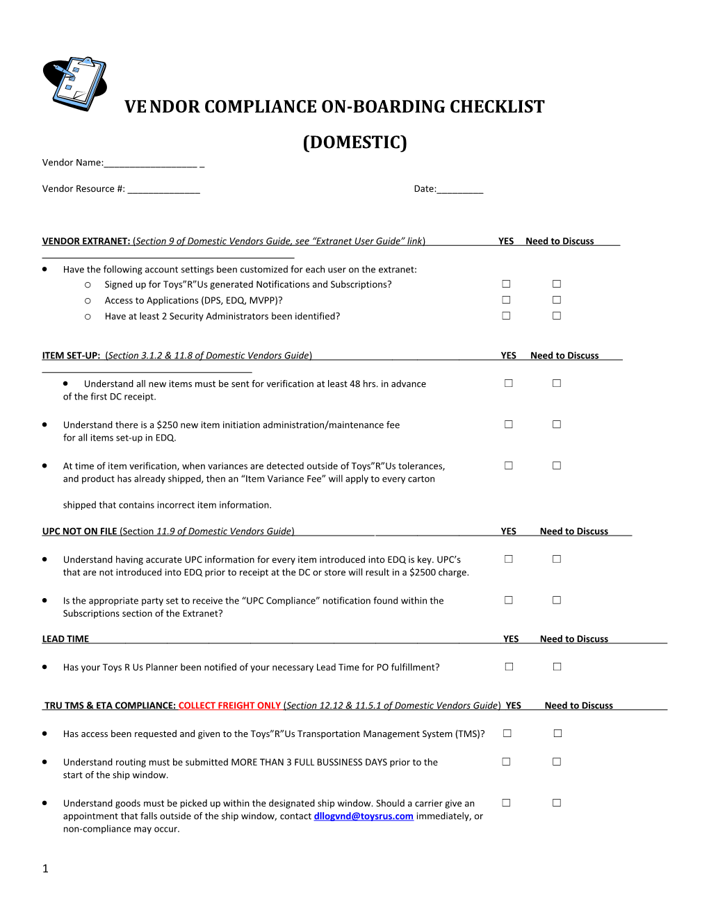 Vendor Compliance On-Boarding Checklist