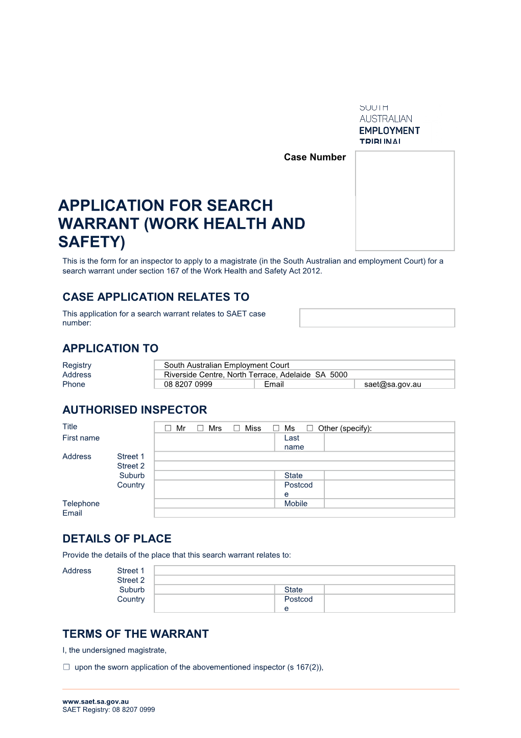 Application for Search Warrant (Work Health and Safety)