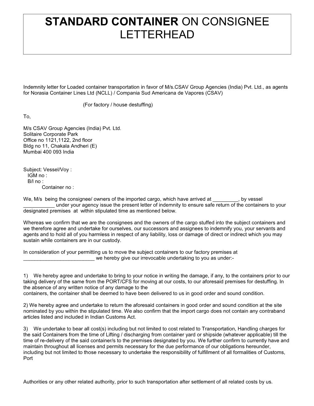 Standard Container on Consignee Letterhead