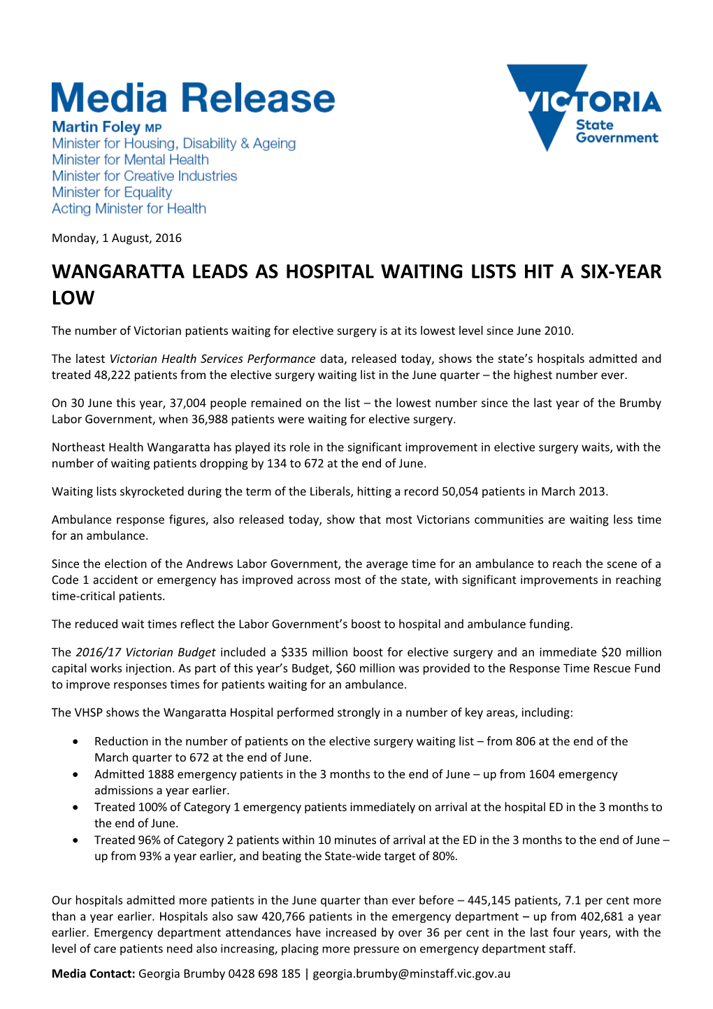 Wangaratta Leads As Hospital Waiting Lists Hit a Six-Year Low