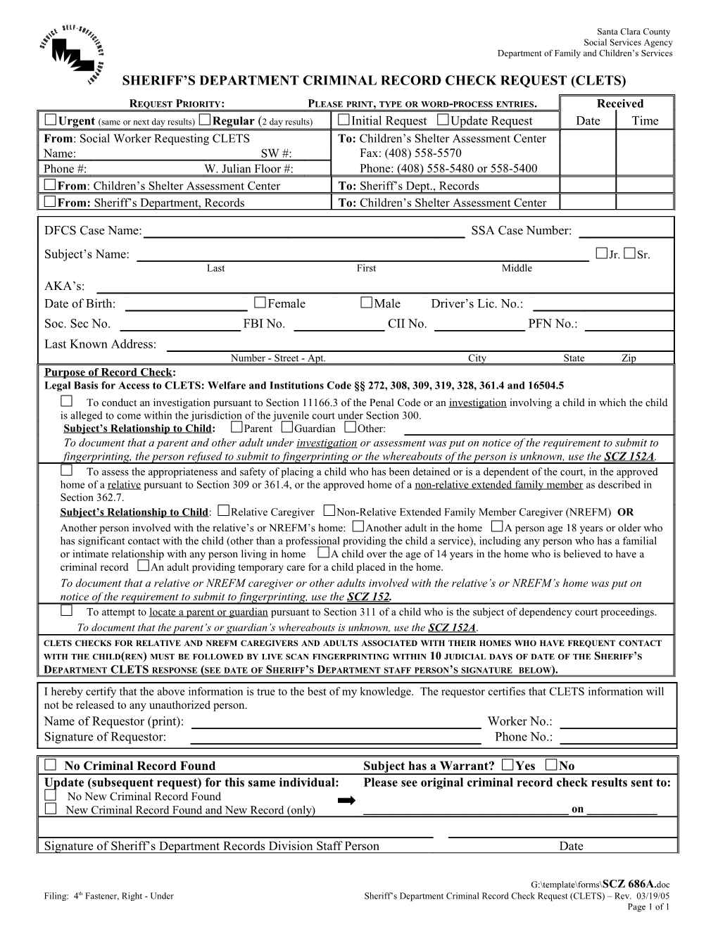 Sheriff S Department Criminal Record Check Request (Clets)