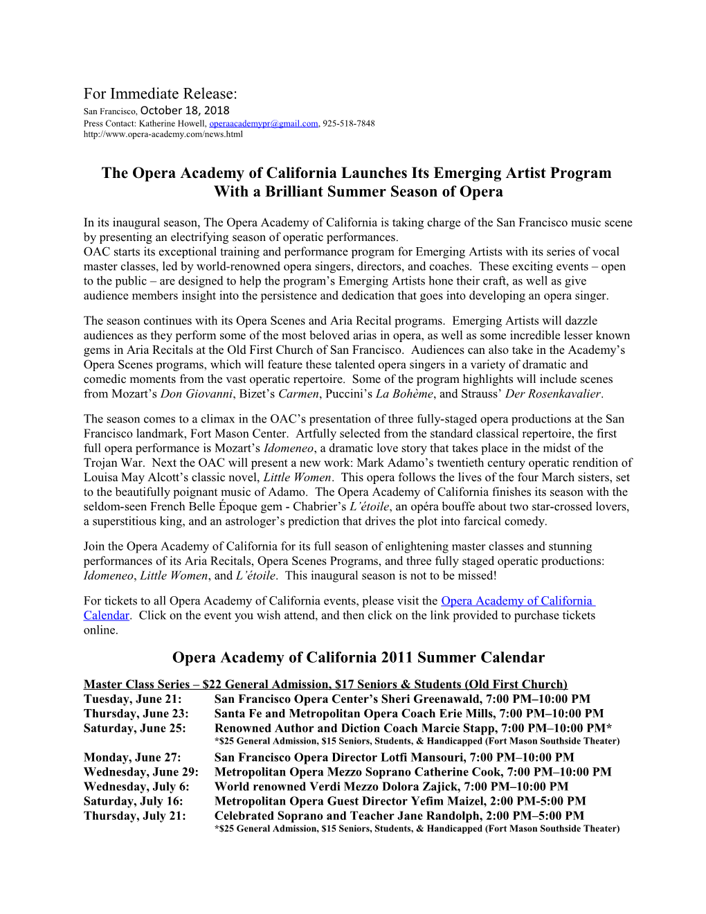 The Opera Academy of California Launches Itsemerging Artist Program